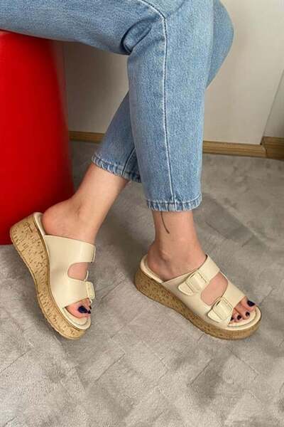 Les Passent Women's Beige Double Strap Thick Cork Sole Orthopedic Sandals Slippers K-270