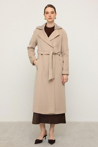 Olcay Knitwear Collared Raglan Sleeve Cashmere Coat Beige 3099