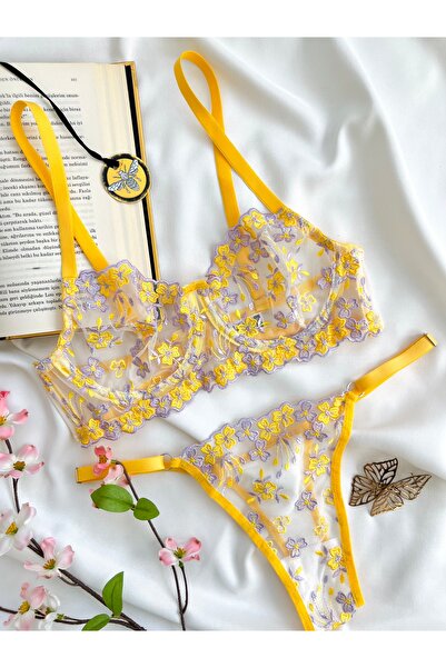 Amelia Paris Lingerie Sarı Çiçek Desenli Balenli Kapsız Sütyen Tanga Brode İç Çamaşırı Takımı