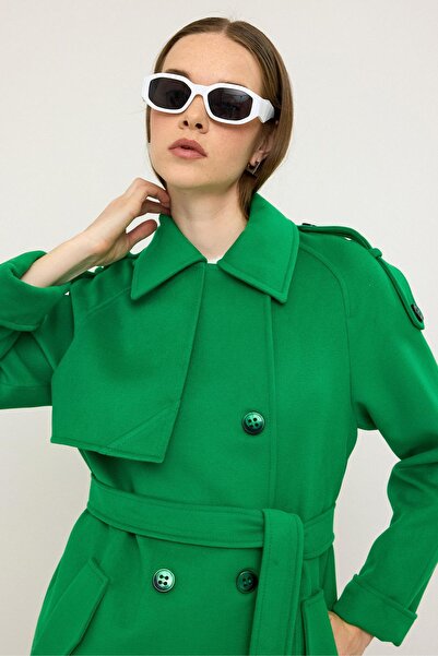 Olcay Reglan Sleeve Epaulet and Cape Detailed Cashmere Coat Light Green 3131