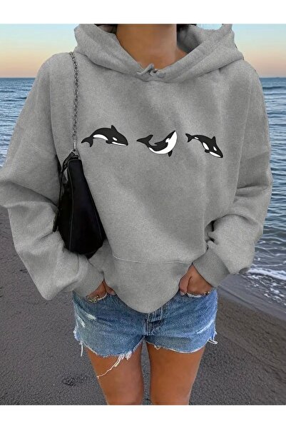 FUFLUNS سويت شيرت بغطاء للرأس للجنسين/رجال مطبوع عليه سمكة كبيرة الحجم