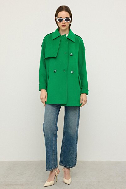 Olcay Reglan Sleeve Epaulet and Cape Detailed Cashmere Coat Light Green 3131