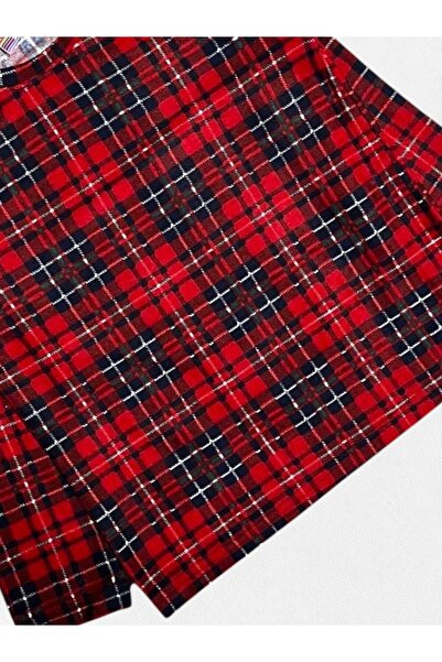 Fil Kids Girls' Cotton Suede Fabric Red Plaid Pattern Long Sleeve Crew Neck Winter Pajama Set