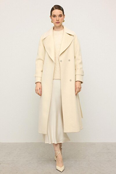 Olcay Reglan Sleeve Snap Closure Medium Length Coat Ecru 3145