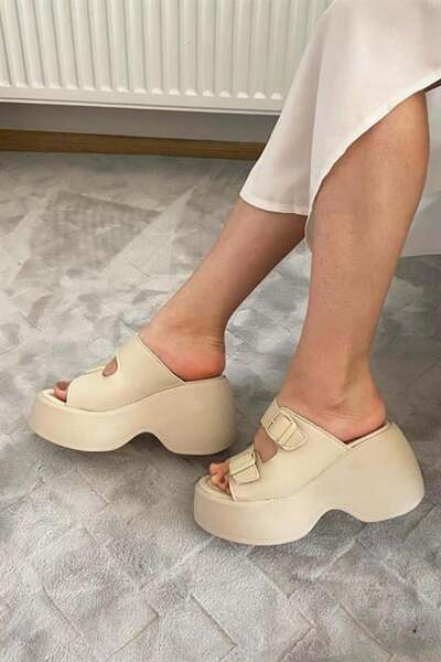 Les Passent Women's Beige Two Buckle Thick Sole Orthopedic Sandals K-3040