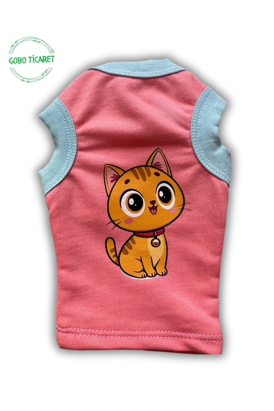 Gobo Şeker Pembe Renkli Kedi ve Köpek Kıyafeti Elbisesi Sarı Kedi Baskılı S/S...
