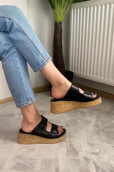 Les Passent Women's Black Double Strap Thick Cork Sole Orthopedic Sandals Slippers K-270
