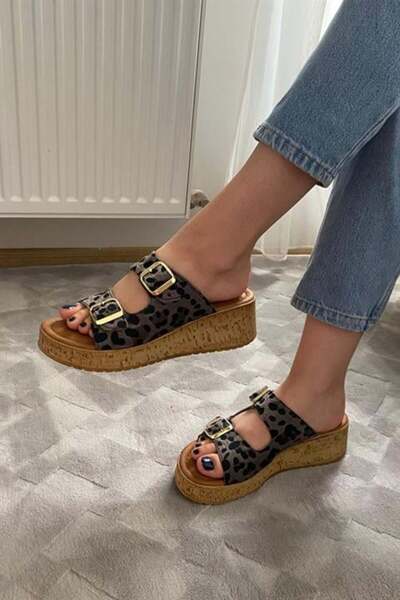 Les Passent Women's Black Leopard Double Strap Thick Cork Sole Orthopedic Sandals Slippers K-270