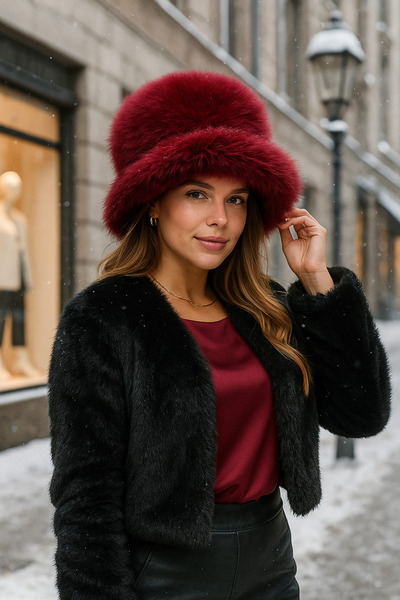 Luminos Butik Plush Adjustable Burgundy Bucket Kalpak Hat-Beret Spk1142