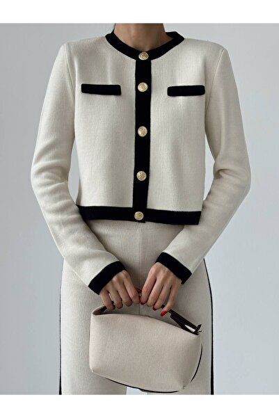 SEVENLINE Women's Gold Button Detailed Cardigan Pants Top and Bottom Two-Piece Knitwear Set