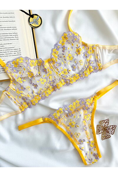 Amelia Paris Lingerie Sarı Çiçek Desenli Balenli Kapsız Sütyen Tanga Brode İç Çamaşırı Takımı