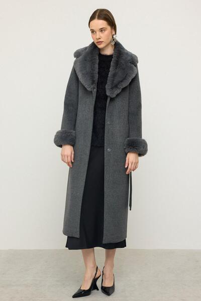 Olcay Long Coat with Detachable Fur Collar and Sleeves Dark Gray 3088