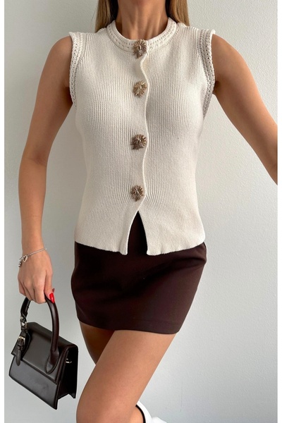 fujya Gold Buttoned Snap Fastener Knitwear Top Vest