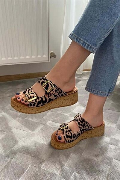 Les Passent Women's Leopard Pattern Double Strap Thick Cork Sole Orthopedic Sandals Slippers K-270