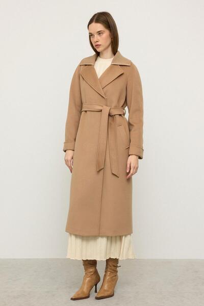 Olcay Knitwear Collared Raglan Sleeve Cashmere Coat Biscuit 3099