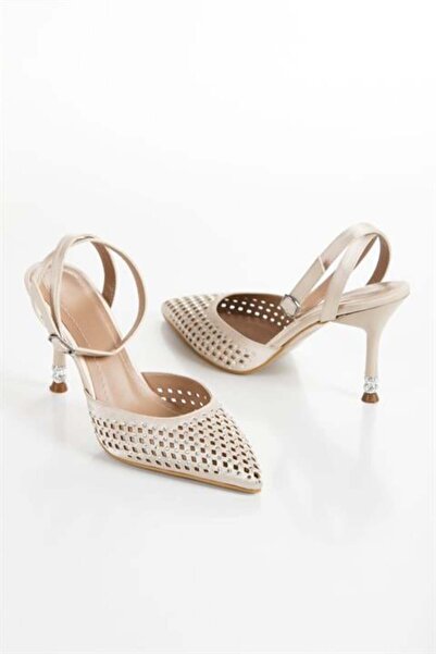 Les Passent Women's Beige Satin Crystal Stone 9 cm Teardrop Detailed Thin Heeled Pointed Toe Open Back Stiletto