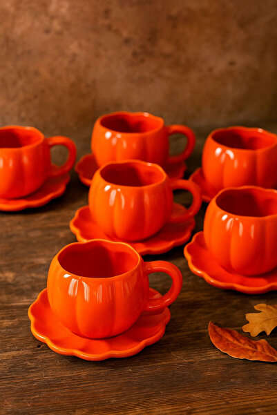 DS Home&Design El Yapımı 6 Kişilik Tabaklı Seramik Bal Kabağı Çay Kahve Finca...