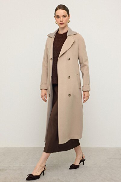 Olcay Knitwear Collared Raglan Sleeve Cashmere Coat Beige 3099