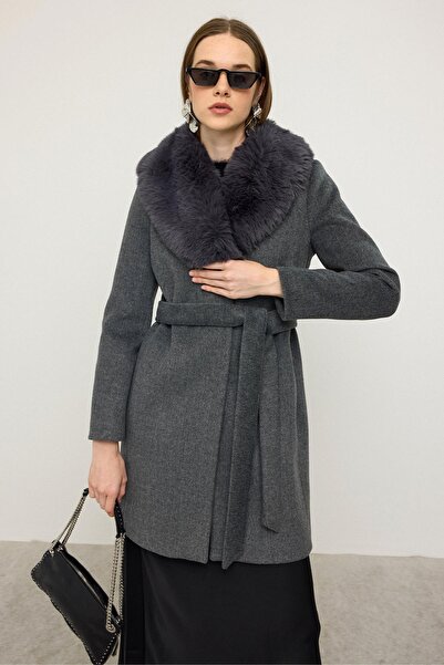 Olcay Shawl Collar Fur Waist-Tied Coat Dark Gray 3093