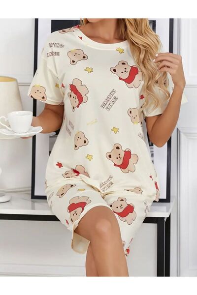 Blizard Krem Pamuklu Ayıcık Baskılı Şortlu Pijama Takımı