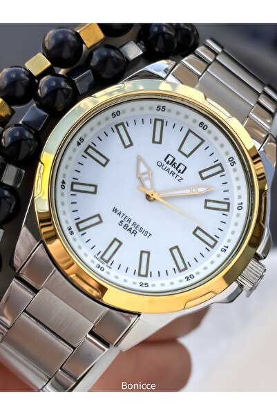 Q&Q Men's Wristwatch Yellow Silver Steel Band, 5 Atm Water Resistant, with Bracelet Gift