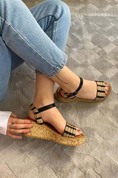 Les Passent Women's Black Straw Detail Thick Cork Sole Orthopedic Sandals K-230