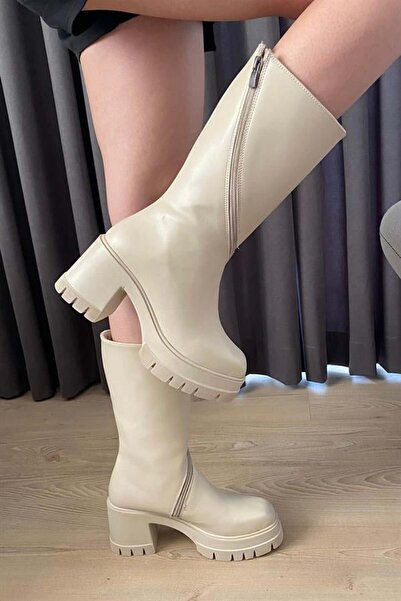 Les Passent Cizme de damă cu fermoar rotativ din piele cremă