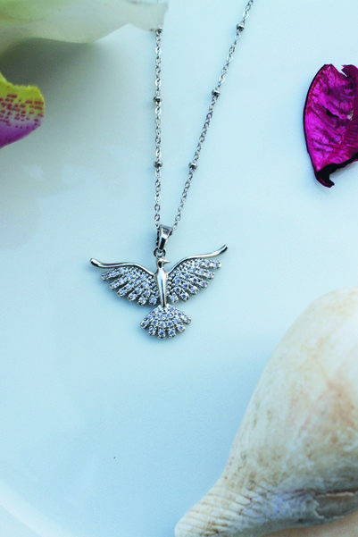 Bizle Tasarla Zircon Stone Steel Phoenix Necklace Stylish Beaded Chain Gift for Lover, Spouse, Friend