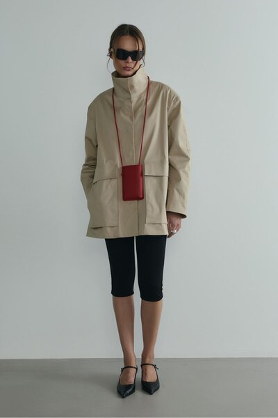 Suud Collection Beige Rael Stand Collar Trench Coat
