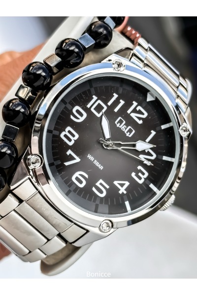 Q&Q Men's Digital Watch, Silver Steel Band, 5 Atm Water Resistant, with Bracelet Gift