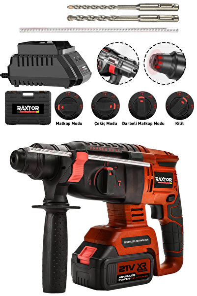 RAXTOR 21v Kömürsüz Motor Darbeli Çift Akülü Şarjlı Kırıcı Delici Hilti 2-26mm