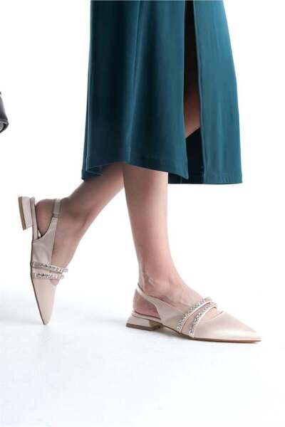 Les Passent Women's Cream Satin Two Rows of Stones Open Back 2 cm Heeled Pointed Toe Ballerinas