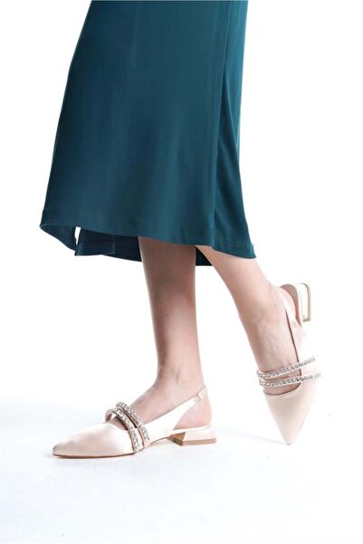 Les Passent Women's Cream Satin Two Rows of Stones Open Back 2 cm Heeled Pointed Toe Ballerinas