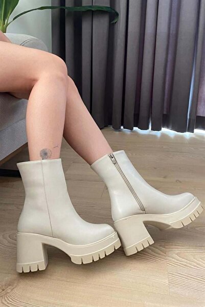 Les Passent Kadın Pita Krem Cilt ( 8 cm ) Platfom Topuklu Fermuarlı Bot