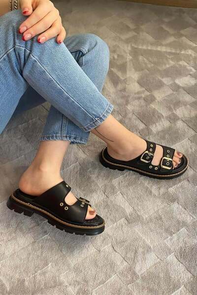 Les Passent Women's Black Double Strap Capsule Detailed Thick Sole Orthopedic Sandals Slippers K-100