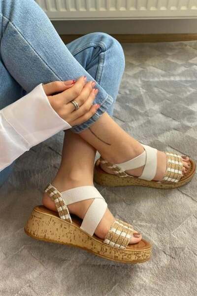 Les Passent Women's White Straw Detailed Lastikli Thick Cork Sole Orthopedic Sandals K-220