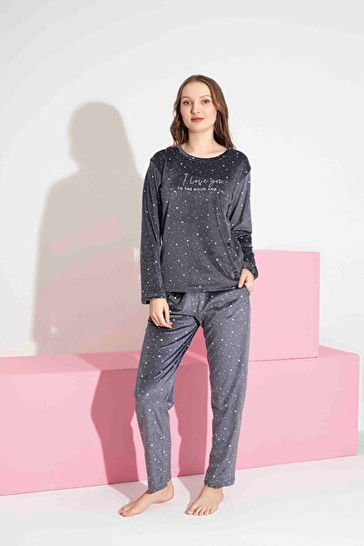 Tarık Жіночий комплект піжами з довгими рукавами з французького оксамиту з зірковим візерунком, що зберігає тепло взимку