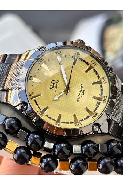 Q&Q Men's Wristwatch, Yellow Smoke Color Steel Band, 5 Atm Water Resistant, with Bracelet Gift