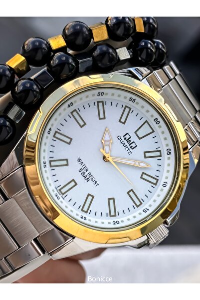 Q&Q Men's Wristwatch Yellow Silver Steel Band, 5 Atm Water Resistant, with Bracelet Gift