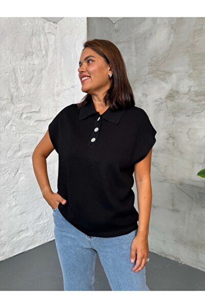 Elif Özbey Butik Black Polo Neck Buttoned Knit Blouse