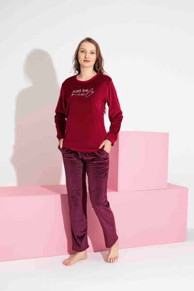 Tarık Women's Stripe Pattern Long Sleeve French Velvet Fabric Winter Warm Pajama Set