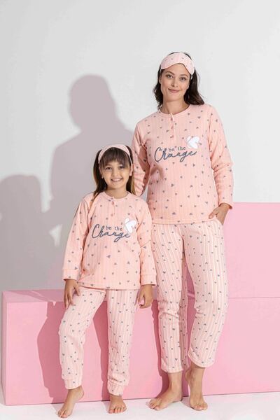 Mine style Polar Pink Embroidered Heart Patterned &lt;&gt; Reported Fleece Fabric Winter Warm Pajama Set