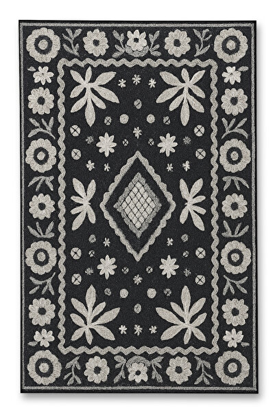 Rugs Modern Halı MOSSO Gri Temalı Çiçekler ve Baklava Desenli Dokuma Taban Mo...