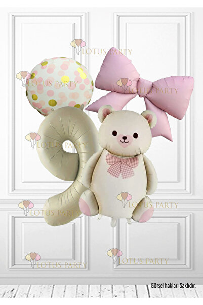 LOTUS PARTY Μπαλόνι 9 ΕΤΩΝ Μπεζ Ρετρό Αρκούδα - Κρεμ αριθμητικό μπαλόνι - Ροζ μπαλόνι με φιόγκο - Μπαλόνι με χρυσό ροζ σχέδιο