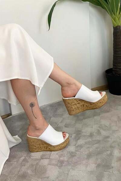 Les Passent Women's Holi White 10 cm Tolga Cork Sole Slippers K-920