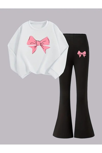 buendiakids Kız Çocuk Pembe Kurdele Baskılı Bisiklet Yaka İspanyol Paça Panto...