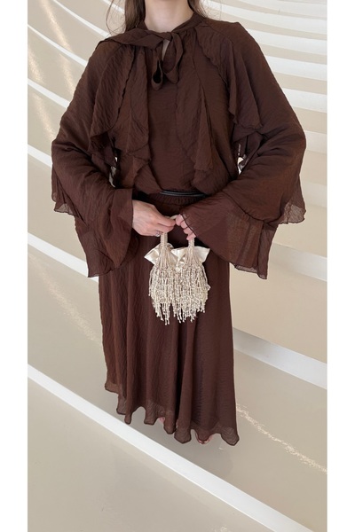 NloveS İspanyol Kol Fırfırlı Etekli Takım Kahverengi