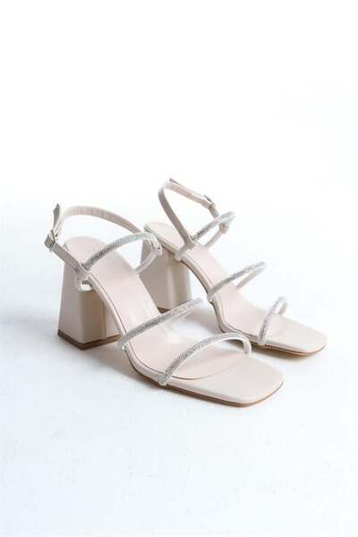 Les Passent Women's Cream Skin 9 cm Thick Heeled Stone Detailed Shoes