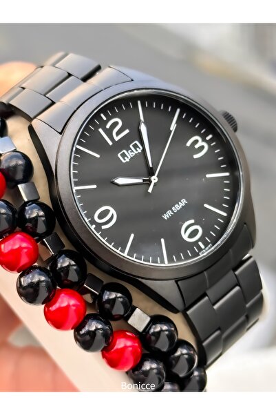 Q&Q Men's Wristwatch, Matte Black Steel Band, 5 Atm Water Resistant, with Bracelet Gift