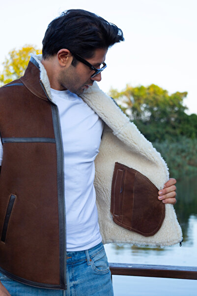 fubileather Мъжка кожена жилетка - естествена агнешка кожа в кафяво с подплата от естествена кожа